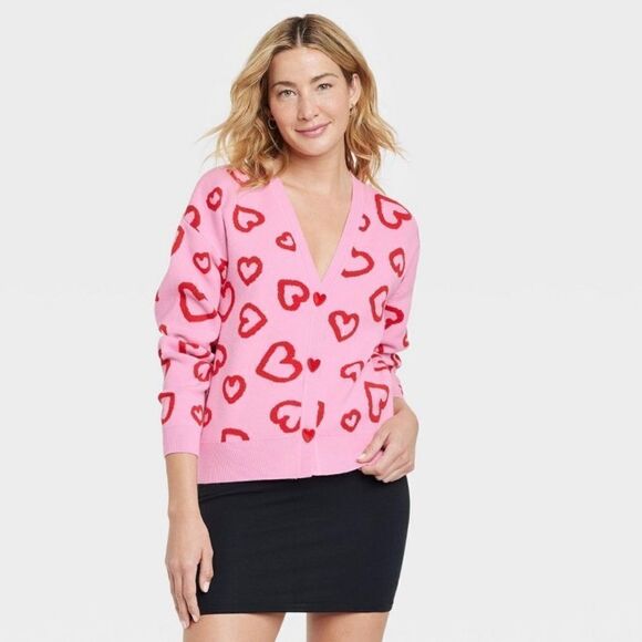 Target Women's Valentine's Day Graphic Cardigan Pink Red Button Up V-neck Sz L - Picture 1 of 6